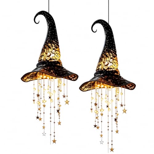 Halloween Witch Hat Hanging Decor Light, Battery Operated Lighted Witch Hat with Warm Glow, Hollow Cutout Design, Cascading Star Tassels and Wind Chime Effect for Indoor Porch Party Home Decorations - image 1