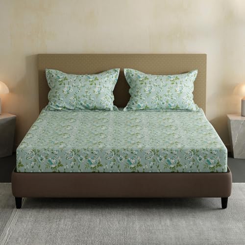 Image of Layers 100% Cotton Bedsheet for Double Size Bed | Lumina Floret Collection | 144 TC Soft & Breathable | Floral Print with 2 Pillow Covers | Wrinkle Free & Colorfast | 3 Pcs Bedding Set - Green & Blue