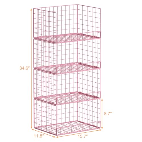 Image of 4-Tier Closet Organizers and Storage, Stackable Closet Organizer Basket, Foldable Closet Shelf Organizer Basket, Stackable Storage Bins and Organizer Shelves for Home Closet Organizer System, Pink