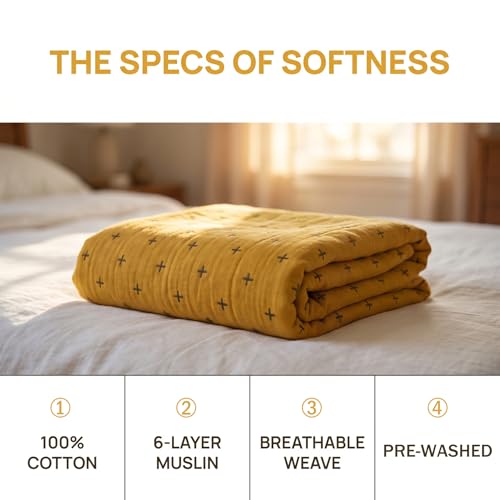 Image of SANACYNA Muslin Blankets for Adults 100% Cotton 6-Layer Gauze Yellow Geometric Bed Blanket Lightweight Soft and Breathable King Blanket for Sofa Bed Coverlet Both Sides (Yellow, King 90 inch X 104 inch)