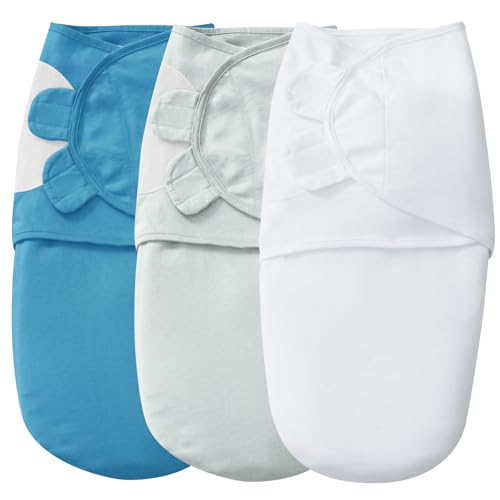 Image of david's kids 100% Cotton 3 Pack Baby Swaddle Wrap for 0-3 Months, Soft Swaddle Blanket for Newborn Infant, Adjustable Baby Wrap Sleep Sacks for Boys Girls, Newborn Essentials, White & Grey & Blue
