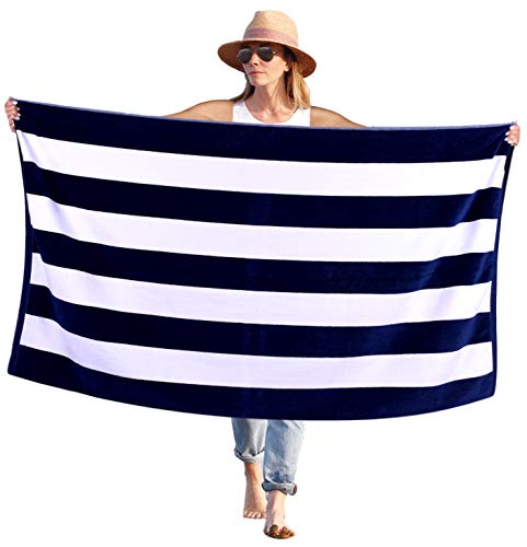 Peach B&C - Beach Bath Towel Cabana Terry Velour Soft Turkish Cotton - Extra Absorbent - Quick Fast Drying - Sand Free - Perfect for Travel Pool Sports Spa Swimming (1, Navy Blue)
