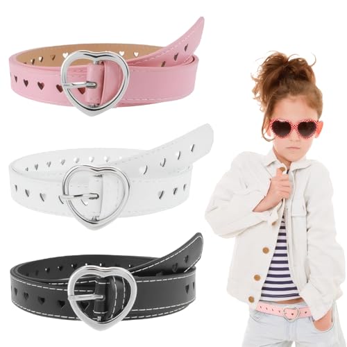 EULAPGOE Kindergürtel Mädchen 3 Stück Set – elastisch verstellbare Kinder Gürtel mit Herzschnalle 100 cm – Schwarz Rosa Weiß – modische Taillengürtel für Hosen Röcke Schule Alltag