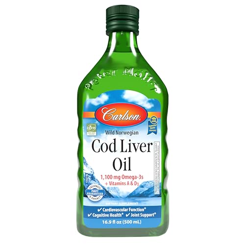 Carlson - Cod Liver Oil, 1100 mg Omega-3s, Wild-Caught Norwegian Arctic Cod-Liver Oil, Sustainably Sourced Nordic Fish Oil Liquid, Unflavored, 500 ml (16.9 Fl Oz)