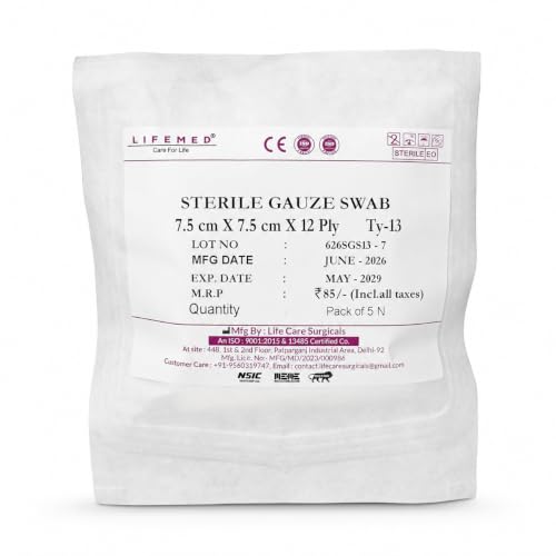 Image of LifeMed Sterile Absorbent Gauze Swabs 7.5 x 7.5 cm, 12 Ply, 50 Dressings (10 Packs x 5)