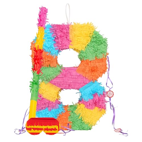 Fax Potato Number 8 Pop-Out Piñata with Stick & Blindfold - Rainbow Stick - Fillable Colorful Rainbow Pinata Lightweight Cardboard Party Decoration Pack Game Set for Birthdays Anniversary