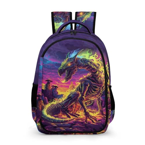 Gothic Dragon Backpack for Boys Girls, Skeleton Dragon Roaring Backpack Colorful Hippie Fire Dragon Anime Style Kids Backpack, Children Travel Laptop Backpack, 16.5 Inch