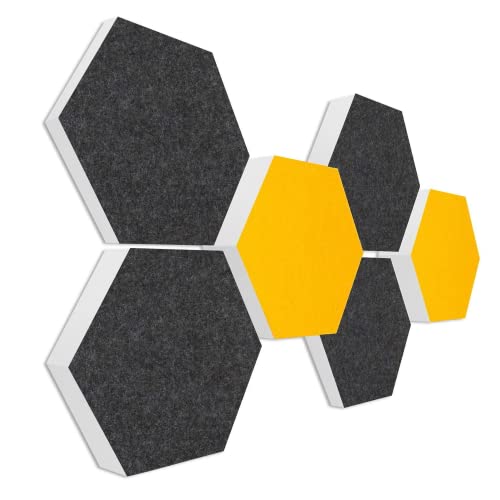 platino24 Schallabsorber COLORE aus Basotec G+ I Akustikpaneele mit Akustikfilz I 3D Wand-Paneele mit 6 Waben in Anthrazit & Sonnengelb I Akustikplatten zur Schalldämmung in Büro, Studio & Wohnung