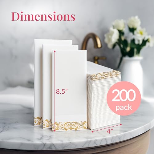 Image of Prestee 200 Pack Disposable Paper Guest Towels for Bathroom, 2-Ply - Elegant Linen Feel Paper Napkins - Absorbent Decorative Guest Towels for Bathroom, Wedding, and Party Use - (White and Gold)