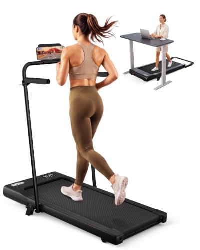 Image of Superun 3 in 1 Under Desk Treadmill with Handrails and Incline, Portable Folding Walking Pad for Home Office, 2.5 HP Quiet Mini Treadmill with LED Display & Remote, 300 Lbs Capacity, Black