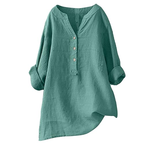 Generisch Bluse Damen Sommer Musselin Bluse Damen Baumwolle Leinenbluse V-Ausschnitt Button-Down Hemdbluse Elegant Einfarbig Blusenshirt Longbluse Oversized Blusehemd mit Taschen