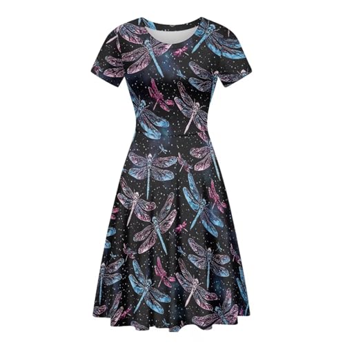 Image of HUGS IDEA Womens Puffy Swing Midi Dress Round Neck Short Sleeve Party A-Line Dresses