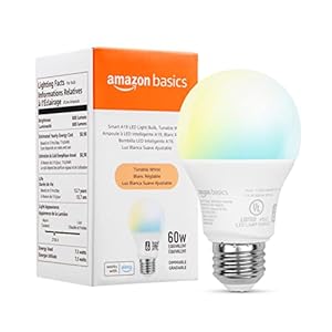Amazon Basics Smart Light Bulbs Alexa Compatible, Dimmable A19 LED Light Bulb, Tunable White 2700K, 60W Equivalent (7.5W), 800LM, 2.4 GHz Wi-Fi, No Hub Required, 1 Pack
