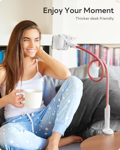 Image of SAIJI Gooseneck Phone Stand for Bed, Lazy Bracket Cell Phone Holder Long Arm Clip Clamp Mount for Filming, Compatible with 4-7'' Mobile Cell Phone Stand Document Camera Nintendo Switch (Rose Gold)