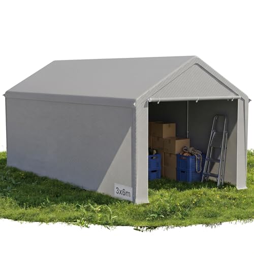 QEENTOE Lagerzelt 3x6 m Wasserdicht Reißfest Stabiler Industriezelt Garagenzelt mit geschlossenen Wänden Robuste PVC & PE-Plane für Lagerung Auto und Außenbereich Grau