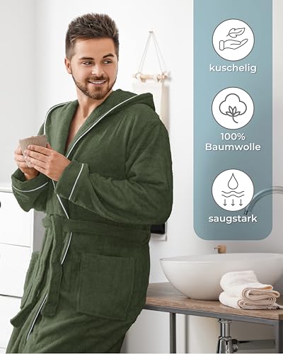 LAYNENBURG Bademantel Herren Frottee - Kapuze - Lang - 100% Baumwolle (360g/m2) - OEKO TEX Standard 100 - Größe (L, Grün)