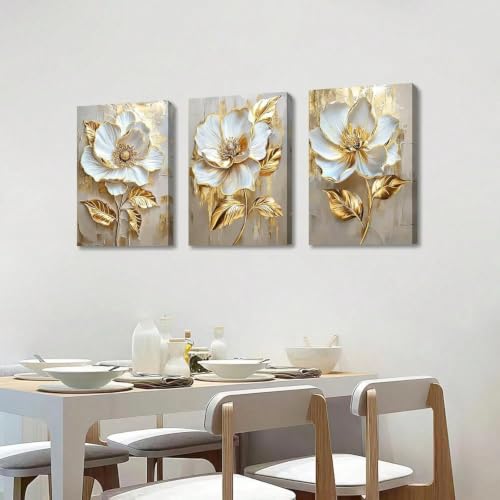 Toile murale haut de gamme fleur blanche or triptyque 60x90 - 4