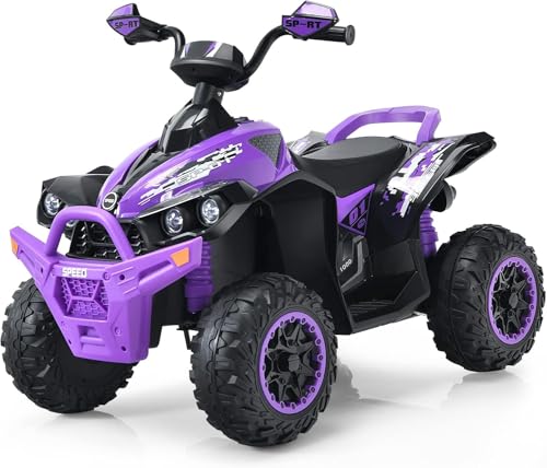 RELAX4LIFE Quad Eléctrico para Niños de 3 8 Años 12V con Velocidad Ajustable 2,2 4,3km/h, Faro LED, Bocina, Música, Pedal, Avance y Retroceso, Coche Eléctrico para Niños, Carga 35kg (Morado)