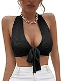 Amarmia Women's Sexy Deep V Neck Crop Tops Halter Knit Ribbed Bow-Knot Front Backless Cleavage Cropped Tank Top Black