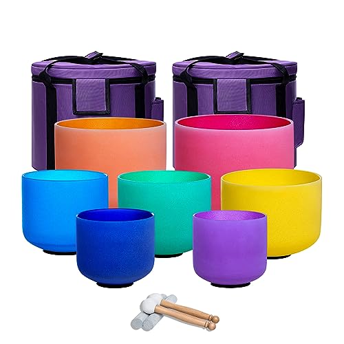 432hz Crystal Singing Bowl Healing 6-12inch Set of 7 Colored for Meditation Yoga Heart Chakra Singing Bowls Heavy Duty Carrying Case Rubber Mallet Suede Striker O ring