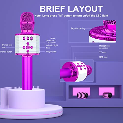 Bonaok Wireless Bluetooth Karaoke Microphone With Controllable Led Lights, 4-In-1 Portable Handheld Mic Speaker For All Smartphones, Birthday For Kids Adults All Age Q78(Purple) #TOP3