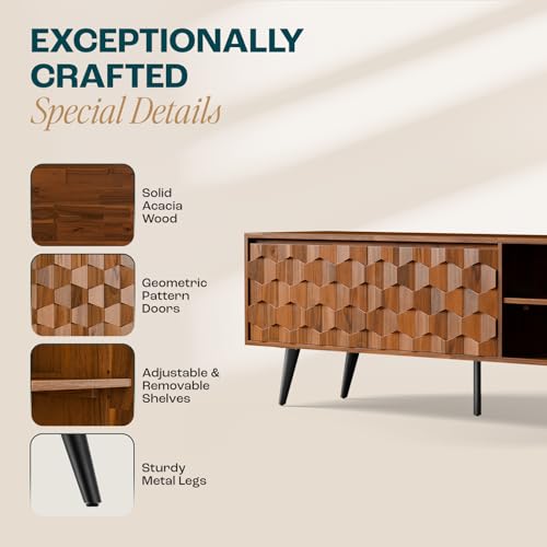 Image of Bme Georgina 65-Inch Solid Acacia Wood TV Stand, Quick Assembly Entertainment Center with Storage, Geometric Pattern Console for Living Room, Bedroom, and Dining Room, Dark Choco