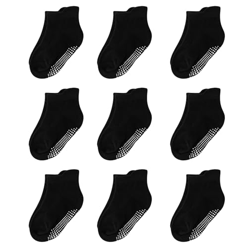 BACSAC Baby Boys Girls Socks Non Slip Breathable Comfort Toddler Infant Ankle Socks with Skid Soles 9 Pairs for Newborn Baby(Black 1-3T)
