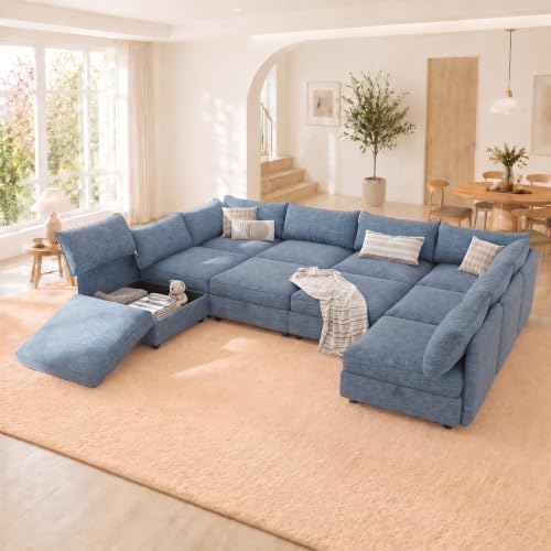 Image of 125 inch 10 Seat Modular Sectional Sleeper Sofa, Chenille Modern Modular Sofa Bed Hidden Storage, Convertible L&U Shaped Sleeper Couch with Ottoman, Couches for Living Room, Blue