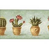 TRIMZ Southwest Cactus Wallpaper Border – Flower Potted Succulents on Green, Rustic Décor for Kitchens, Dining Areas, or Sunrooms, Pre-Pasted, 15 ft x 7 in