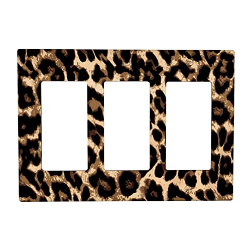 Leopard 3 Gang Light Switch Plate, Wild Animals Fur Cheetah Skin Spots Triple Rocker Wall Plate Cover Decorative Electrical GFCI Switchplate Decora Faceplate for Kitchen Bathroom Bedroom Decor