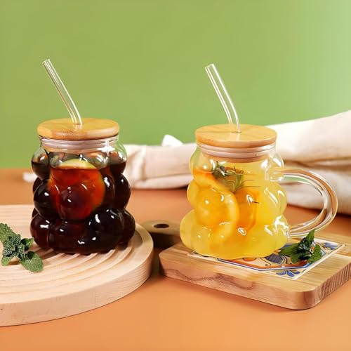 Image of Grape Shape Glass Tumbler Mug with Bamboo Lid & Glass Straw, 450ml, Set of 1, Clear Borosilicate Drinking Cup with Handle, Reusable Iced Coffee Cup for Juice, Tea, Smoothies, Cold Drinks