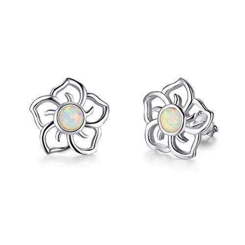 Sterling Silver Sky Flower Created White Opal Stud Earrings