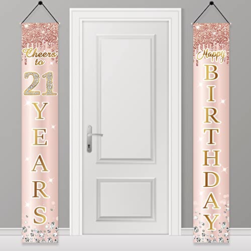 Image of 21st Birthday Door Banner Decorations for Her, Pink Rose Gold Happy 21 Birthday Door Porch Backdrop Party Supplies, Happy Birthday Cheers to 21 Years Sign Decor