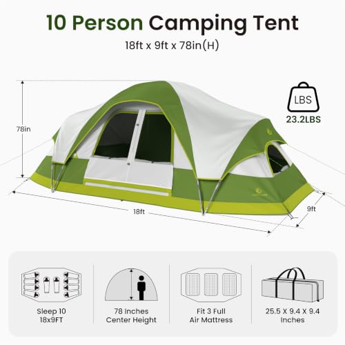 ALPHA CAMP Carpa para Camping Familiar de 10 Personas, Impermeable con Cubierta de Lluvia y Resistente al Viento, 3 Ventanas Grandes de Malla, 2 Habitaciones, Portátil con Bolsa de Transporte miniatura 2