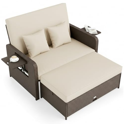 Tangkula Patio Rattan Daybed 4-Level Adjustable Backrest,