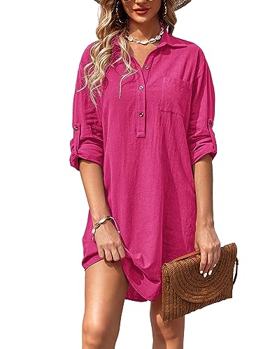 Image of Zeagoo Women Summer Dresses Casual 3 /4 Sleeve Cotton T-Shirt Dress Button Down V-Neck Flowy Aline Beach Sundress Cover Up,Rose,L