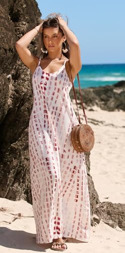 Image of Bluetime Women Summer Spaghetti Strap Maxi Dress V-Neck Sleeveless Flowy Boho Floral Beach Long Dress with Pockets
