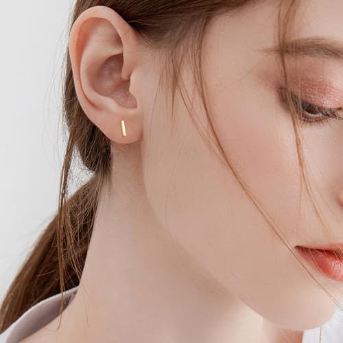 14k Yellow Gold Bar Earrings Polished Stud 10mm Line Stick Minimalist Earrings2