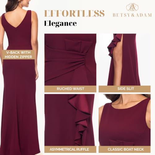 Image of Betsy & Adam Women's Long Bodycon Sleeveless Boat Neck Evening Gown with Side Slit Ruffle