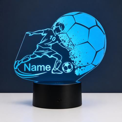 Optechvisual Personalisierte Fußball LED Lampe mit Name & Nummer Fußball Nachtlicht für Kinder dimmbar 16 Farben Fernbedienung USB & Batteriebetrieb Acrylglas Gravur Made in Germany