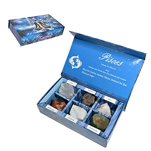 KACHVI Crystal Gifts-Sternzeichen Steine zur Ergänzung der Geburtssteine - natürliche Heilkristalle mit Horoskop-Box-Set (Fische, Sternzeichen)