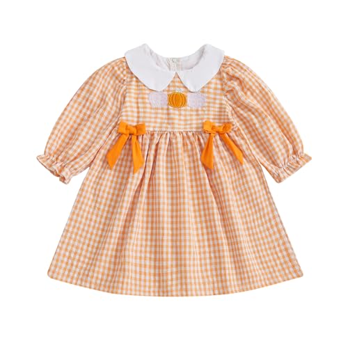 Toddler Little Baby Girl Halloween Outfit Pumpkin Dress Long Sleeve Plaid Smocked Dress Cute Fall Clothes