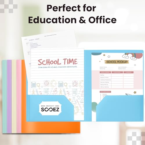 image for Sooez 6 Pack Folders with Pockets, Heavy Duty Plastic File Folders, 2 