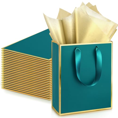 Image of Yeaqee 24 Pack Metallic Paper Gift Bags, Turquoise, Gold | with Satin Ribbon Handle and Tissue, 9x7x3.1 Inch, Suit Business, Birthday, Christmas, Thank You Return Gifts Bags