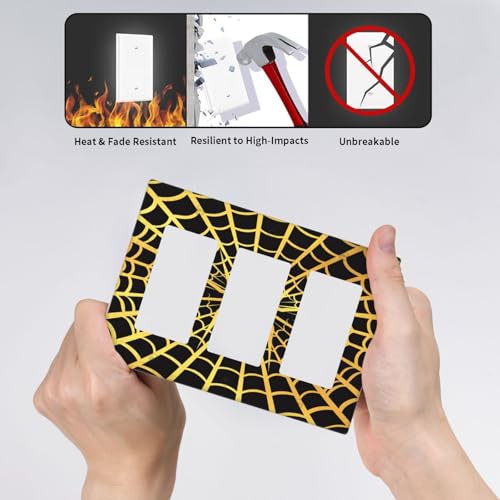 Decorative Outlet Covers Black Background with Golden Spiderweb Spider 3 Gang Outlet Cover Wall Plate Triple Rocker Light Switch Cover Plate Switch Plate Covers for Home Decor