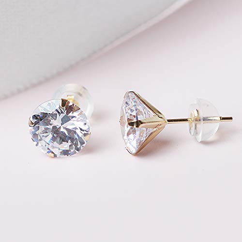 14k real solid Yellow Gold white cz Stud chunky Earrings for women Cubic Zirconia with 14k gold silicone earring flat backs3