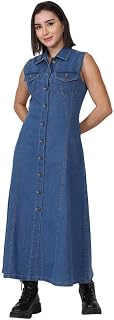 Puella Women’s Light Blue Sleeveless Denim Shirt Dress | Full-Length Maxi Dress | Button-Down Front | Stretchable Cotton |... Price In India
