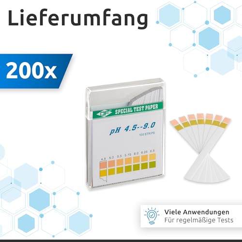 ECENCE pH Teststreifen 200 Stck, Lackmus Testpapier, Messbereich 4,5-9 Urin Teststreifen, Säuretest für verschiedene Flüssigkeiten (z. B. Aquarien, Trink-Wasser, Speichel, Pool)