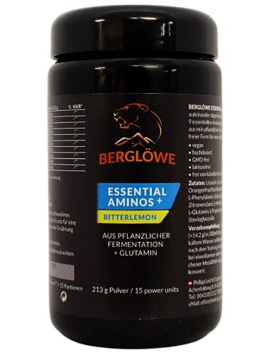 Berglöwe ESSENTIAL AMINOS + aus pflanzlicher Fermentation mit extra Glutamin - EAA-Pulver mit 9 essentiellen Aminosäuren - hochdosiert - VEGAN (Bitterlemon, 213g) Cover