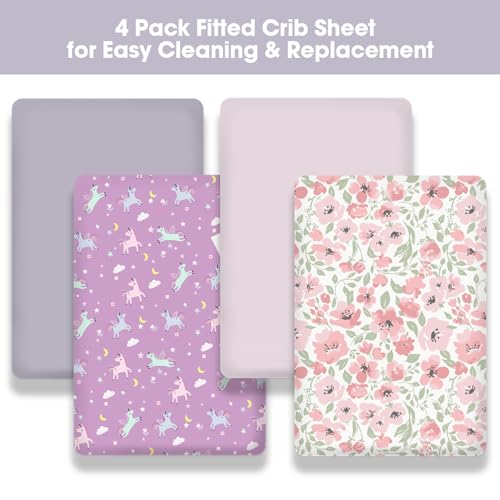 Image of Little Grape Land Crib Sheets 4 Pack for Boys and Girls, Baby Neutral Crib Fitted Sheets for Standard Crib & Toddler Mattress, Super Soft Breathable Fitted Crib Sheet Set, Daliah & Unicorn
